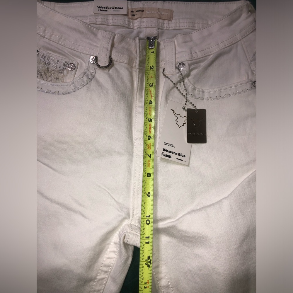 Western Blue Denim White Bootcut Jeans Size 7 33 W/Bull Tag And Horseshoe Charm - Picture 11 of 11